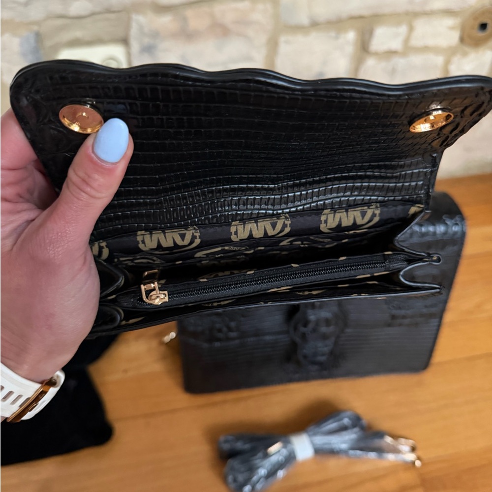 Black Croc-Embossed Structured Top-Handle Bag with Wallet - Picture 9 of 13